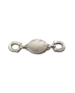 Silver oval jewelry clasp with engraved edges and two circular fasteners on each end, displayed on a plain white background.