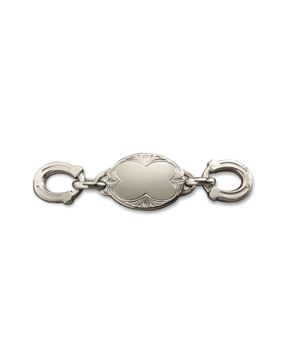 Silver oval jewelry clasp with engraved edges and two circular fasteners on each end, displayed on a plain white background.