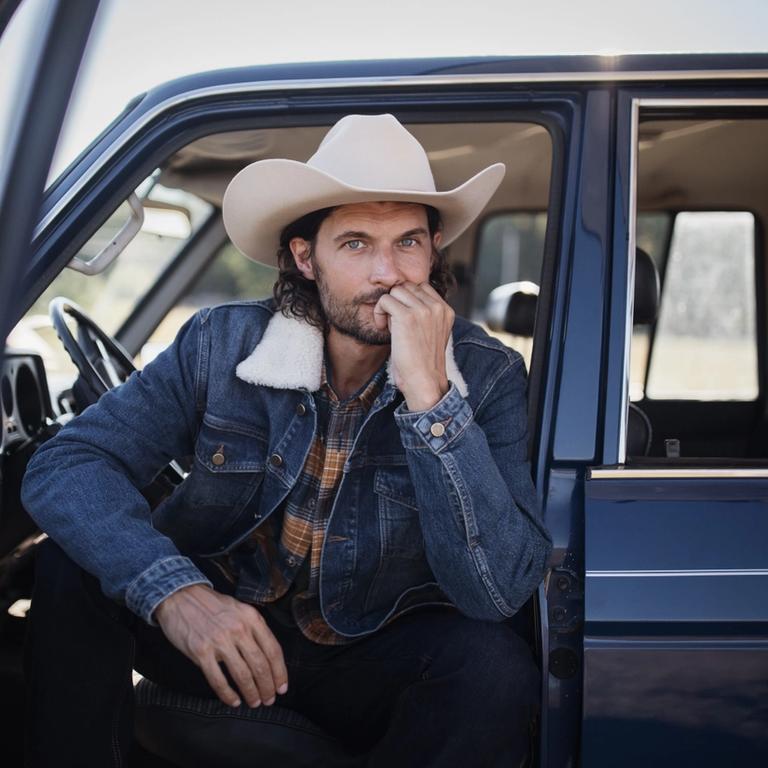 Western man sitting in a truck. 