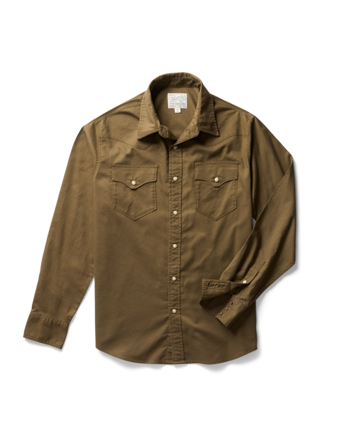 Brown long-sleeve button-up shirt with two front pockets, set against a white background.