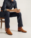 close up picture of Duke Pecan brown cowboy boots on a man's feet