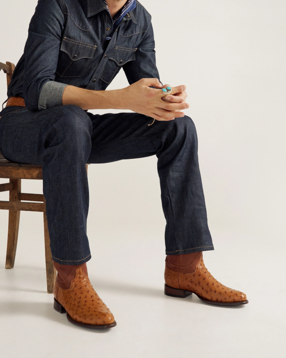 close up picture of Duke Pecan brown cowboy boots on a man's feet