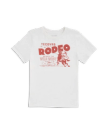 White T-shirt featuring red text that reads "Tecovas Rodeo Bringing the Wild West to You!" and an illustration of a bucking horse with a rider.