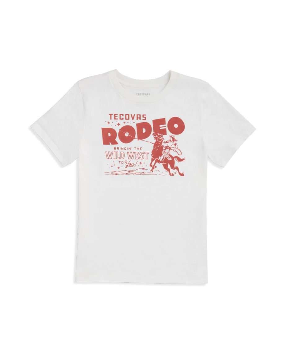 White T-shirt featuring red text that reads "Tecovas Rodeo Bringing the Wild West to You!" and an illustration of a bucking horse with a rider.