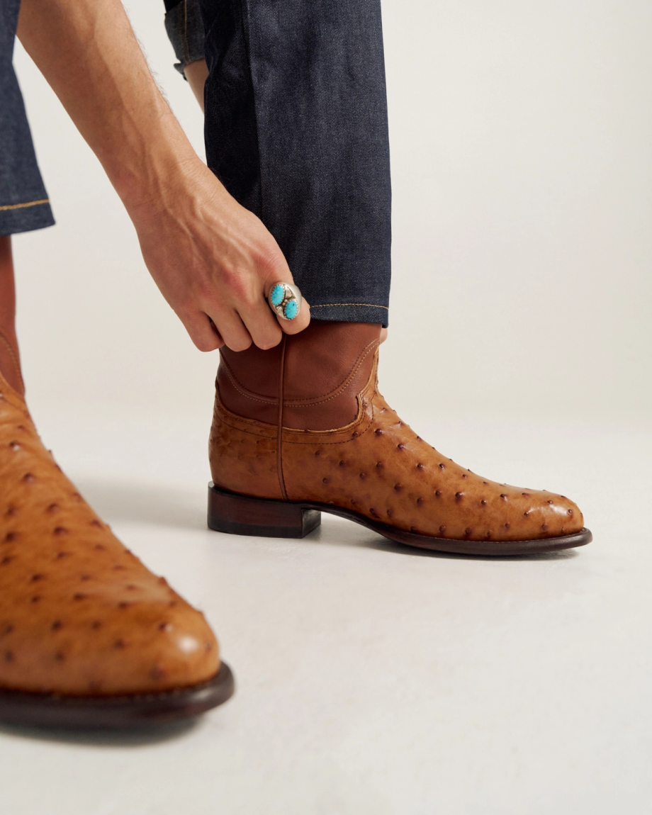 close up picture of Duke Pecan brown cowboy boots on a man's feet