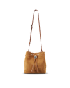 A small brown suede bucket bag with a silver button, leather drawstring closure, and an adjustable shoulder strap on a white background.