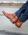 close up of Zane Pecan Brown Zip Cowboy Boot on a man's feet 