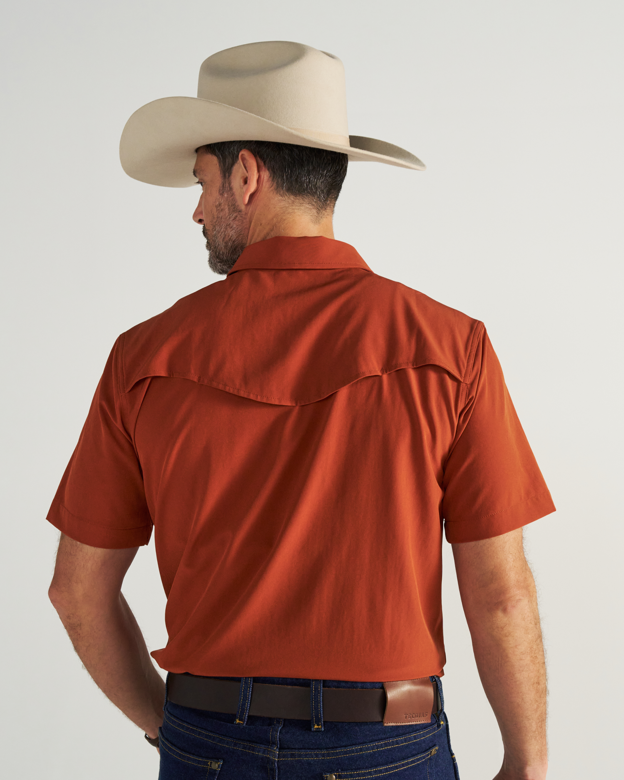 Closeup detail view of Men's Performance Western Pearl Snap SS - Orange Rust