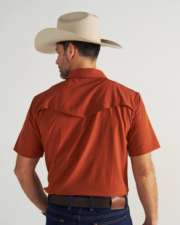 Closeup detail view of Men's Performance Western Pearl Snap SS - Orange Rust