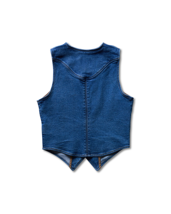 View of the back of the Womens Denim Vest on the color medium with a white background.