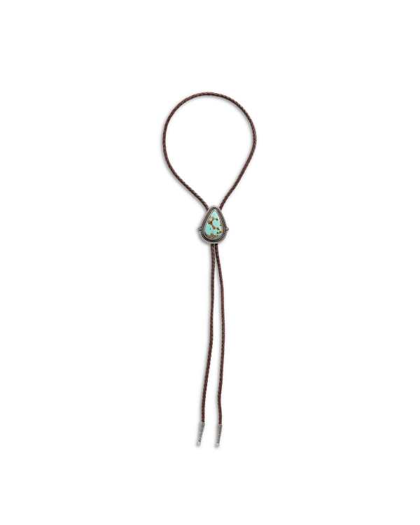 Front view of Iron Lamb Turquoise Drop Bolo - Turquoise/Brown on plain background