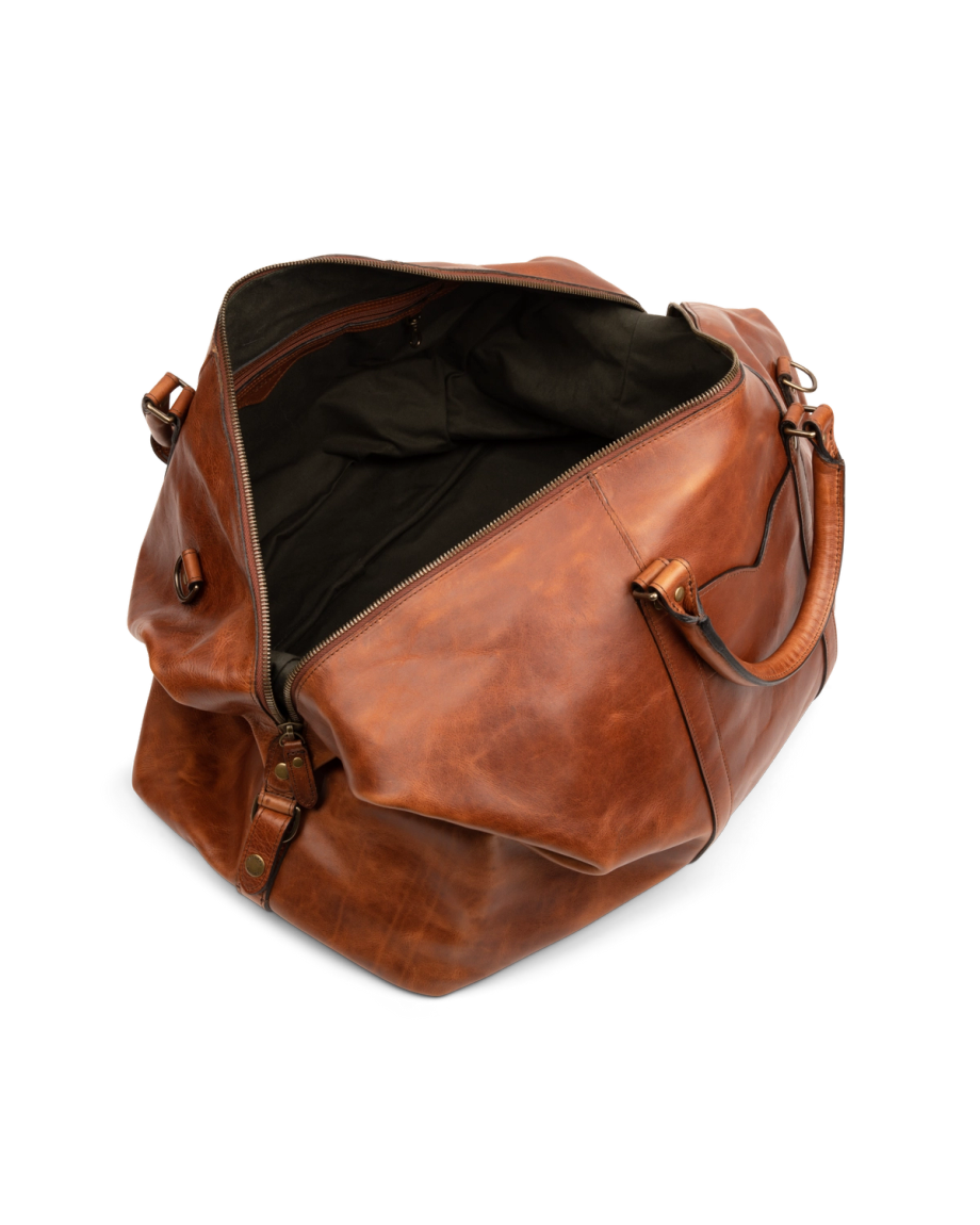 Top view of the open Bartlett Large Weekender in Cognac
