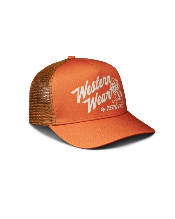 Quarterfront view of Western Wear 5 Panel Mid Pro Trucker - Burnt Orange on plain background