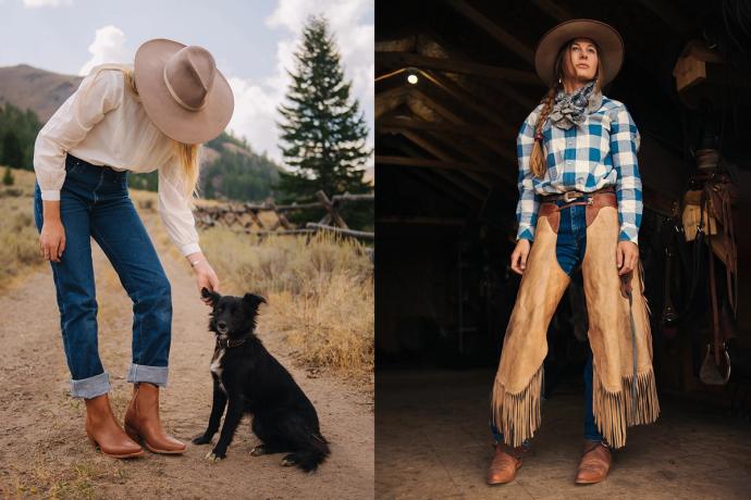 a woman in a hat with dog and a woman wearing chaps 