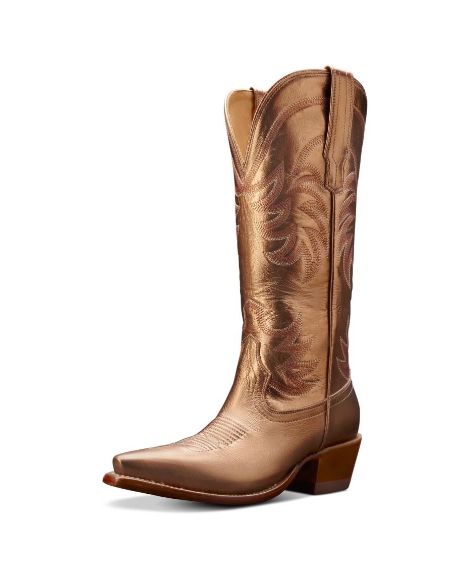 Quarterfront view of The Annie - Copper Cowhide on plain background