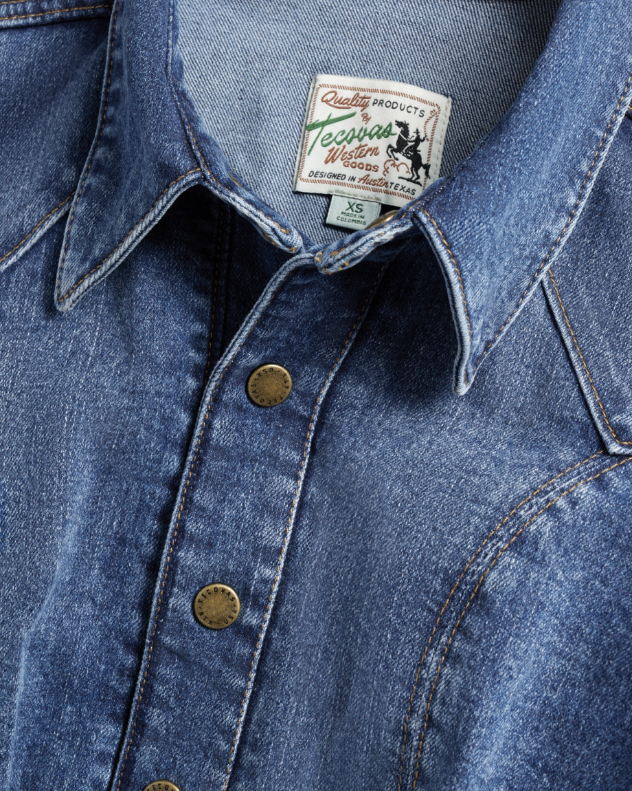 Closeup detail view of Women's L/S Denim Midi Dress - Medium Wash