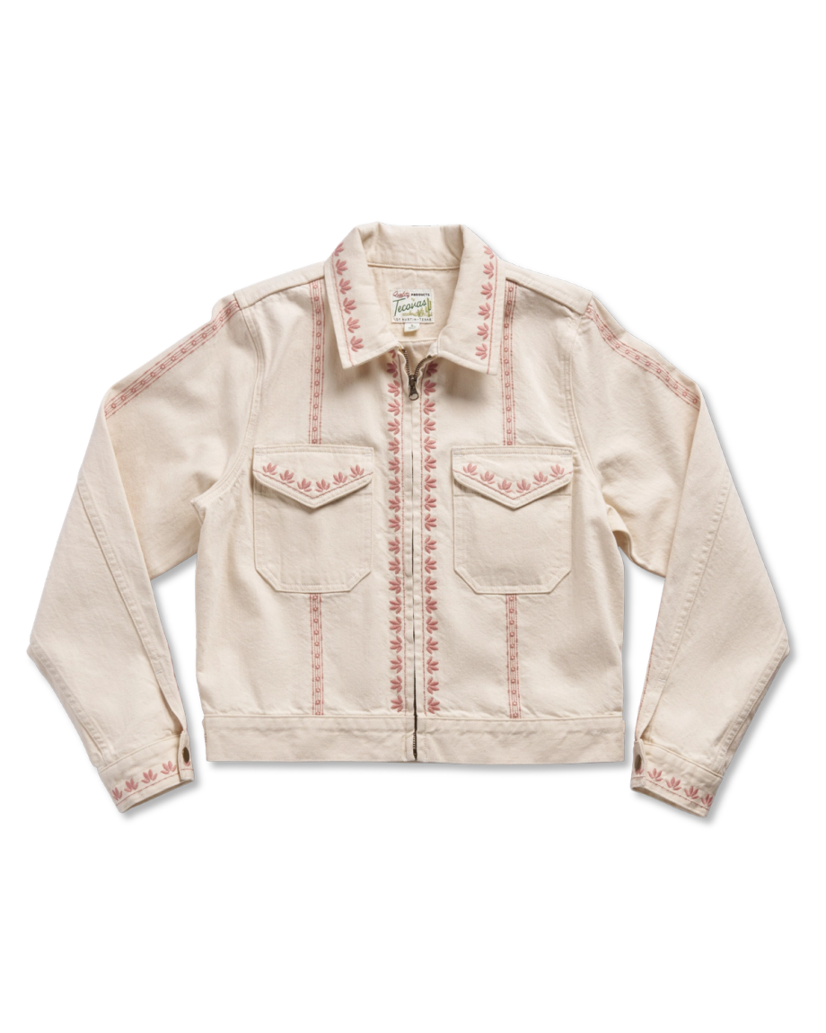 Front view of Women's Embroidered Mechanic's Jacket - Natural Denim on plain background