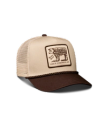 Quarterfront view of Soco Patch Five-Panel Trucker - Brown on plain background