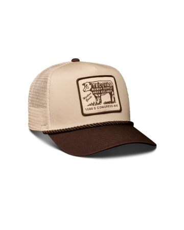 Quarterfront view of Soco Patch Five-Panel Trucker - Brown on plain background