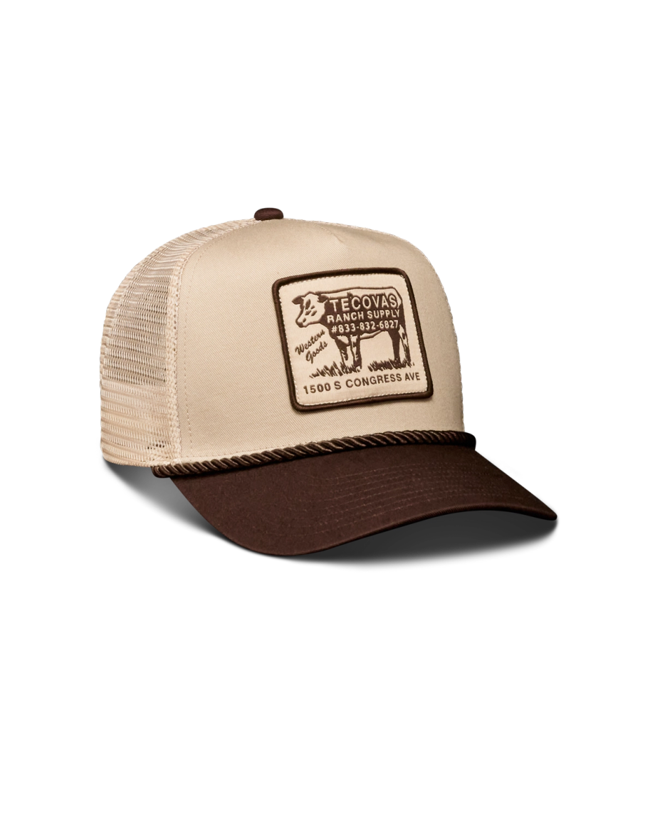 Quarterfront view of Soco Patch Five-Panel Trucker - Brown on plain background