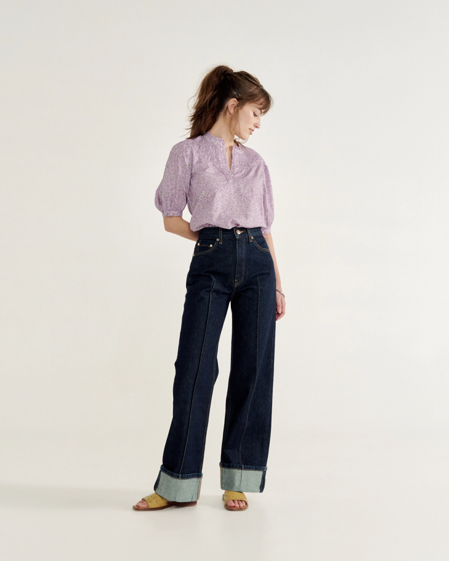 Full view of Women's Split Neck Top - Purple on model