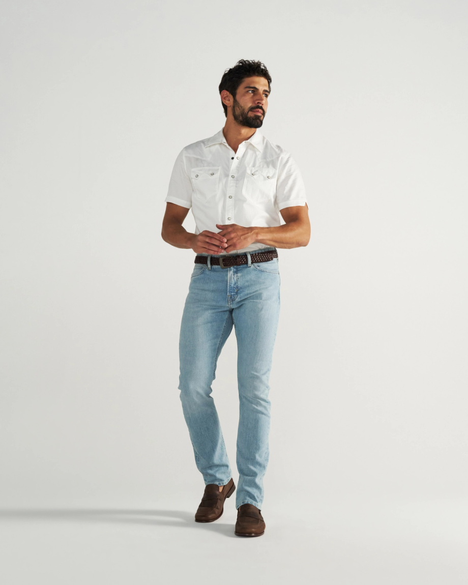 Full view of Men's Slim Stretch Denim - Light Stone Wash on model