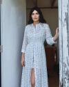 A woman in a blue floral dress standing in a doorway. (no keywords modified)
