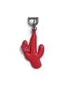 A red cactus-shaped leather keychain with a small flower detail, attached to a silver metal clasp.