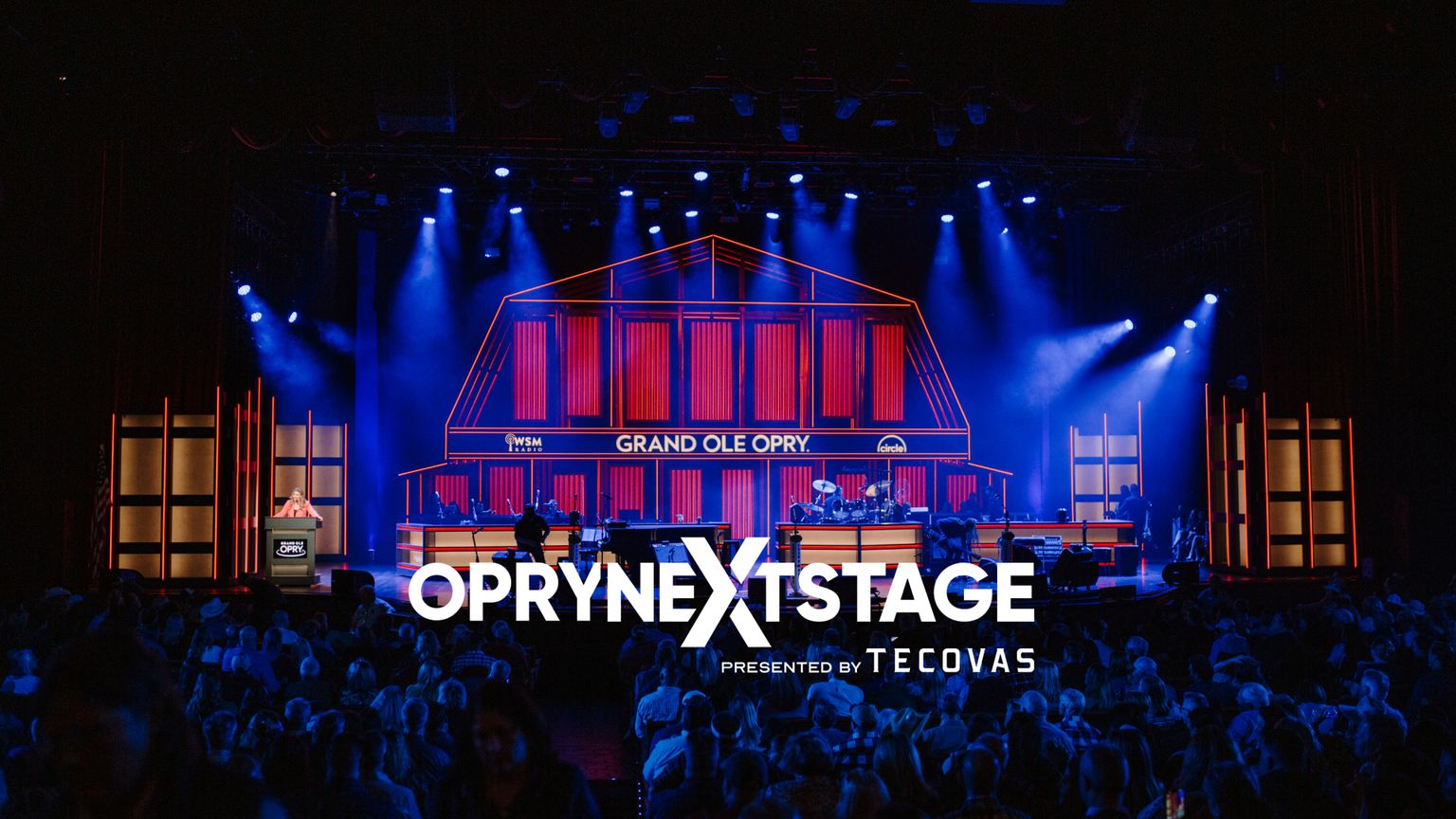 Opry NextStage presented by Tecovas logo on an image of the Grand Ole Opry stage.