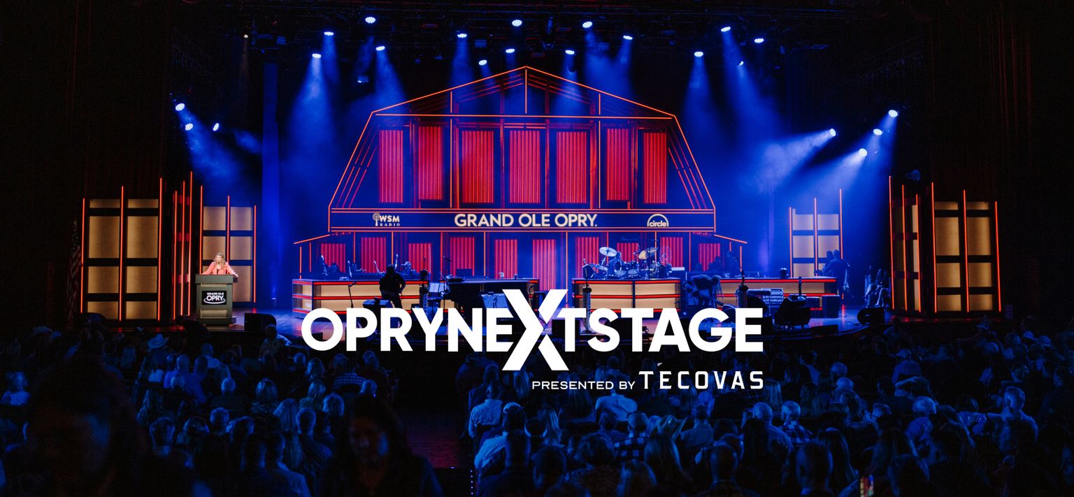 Opry NextStage presented by Tecovas logo on an image of the Grand Ole Opry stage.