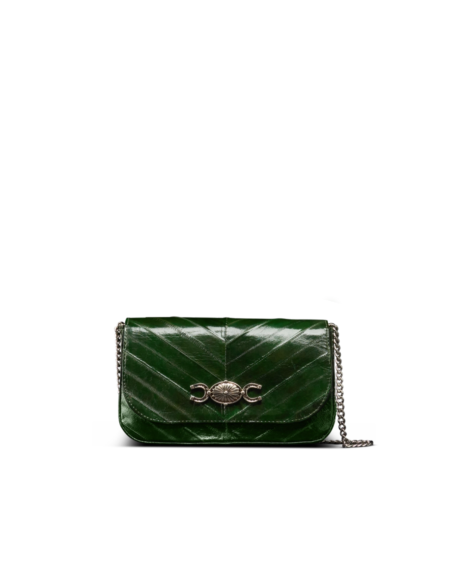 Front view of Eel Concho Clutch - Green on plain background