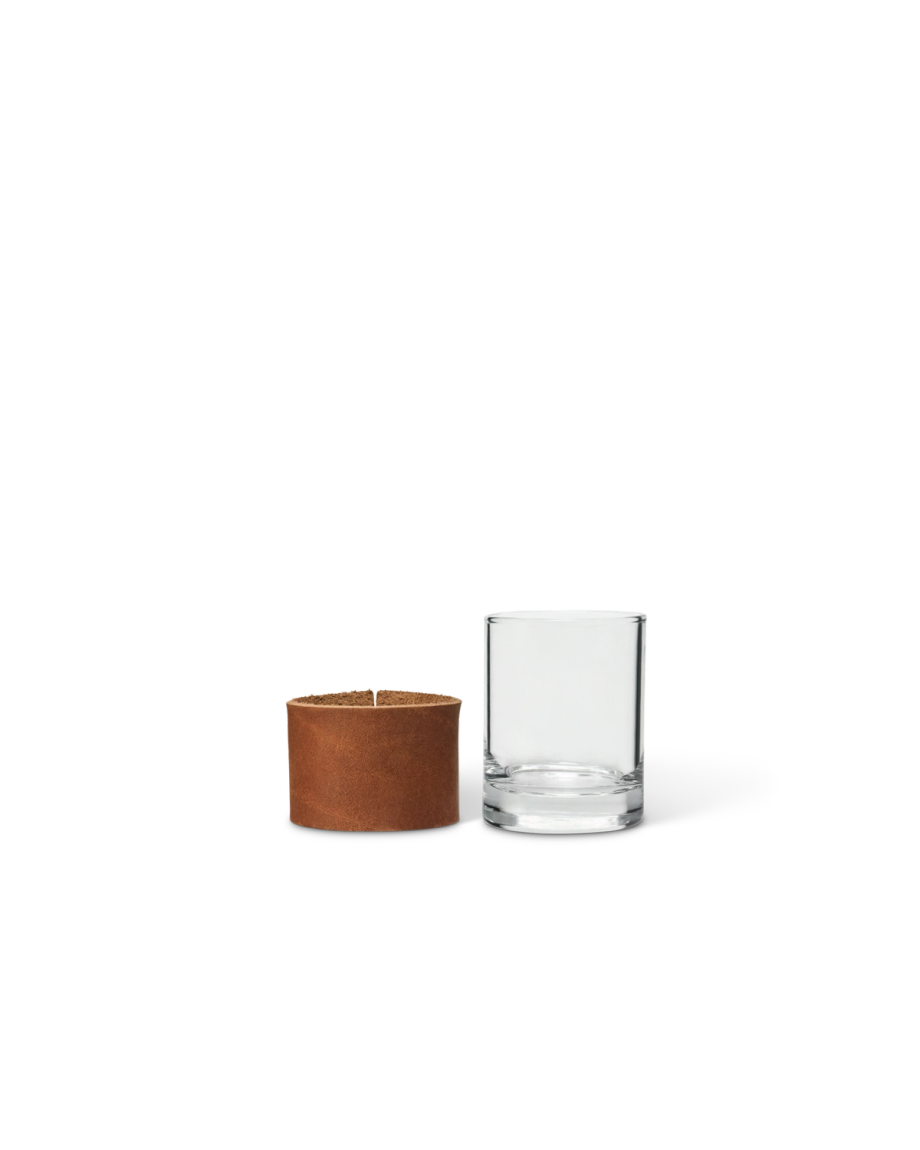 Front view of Leather Tasting Glass - Brown on plain background