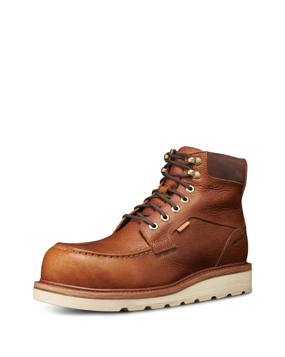 Quarterfront view of The LH WP Moc Comp Toe Work Boot - Saddle Cowhide on plain background