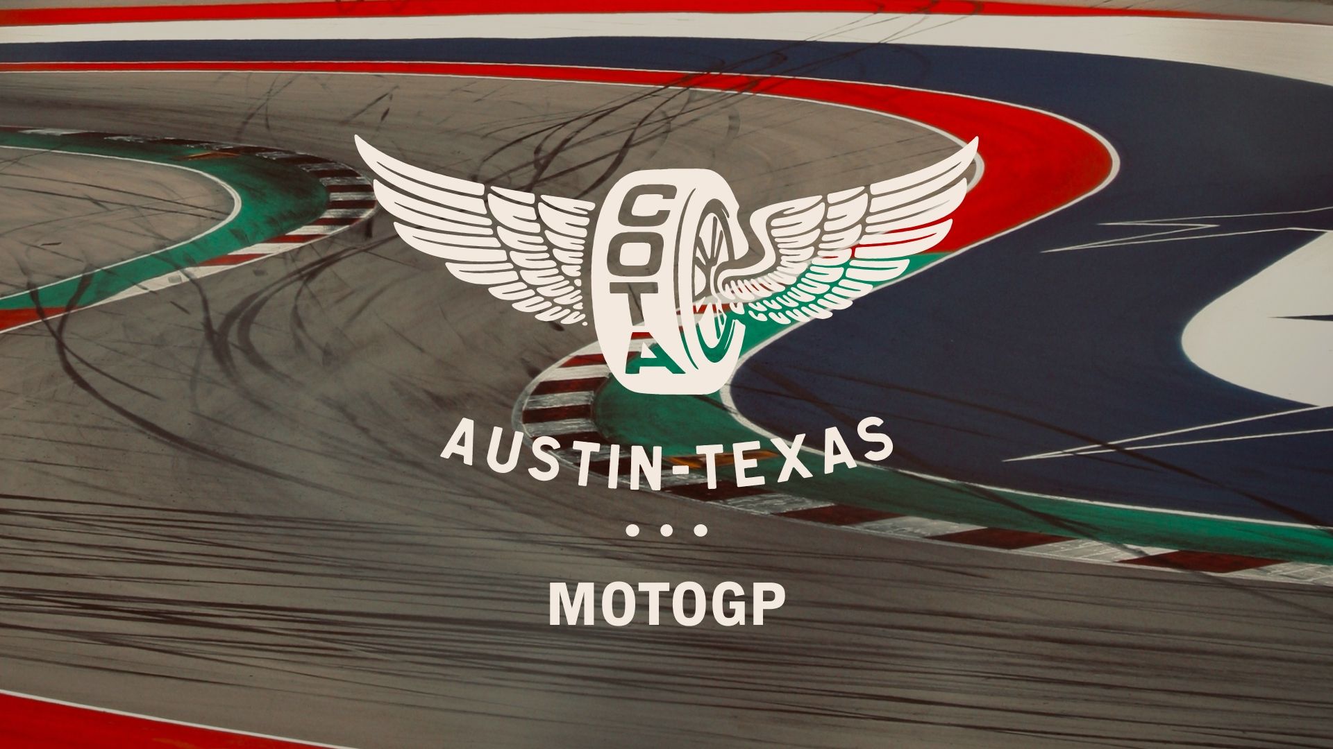 Overhead view of a racetrack with tire marks, featuring the COTA logo and text reading "Austin, Texas... MotoGP.