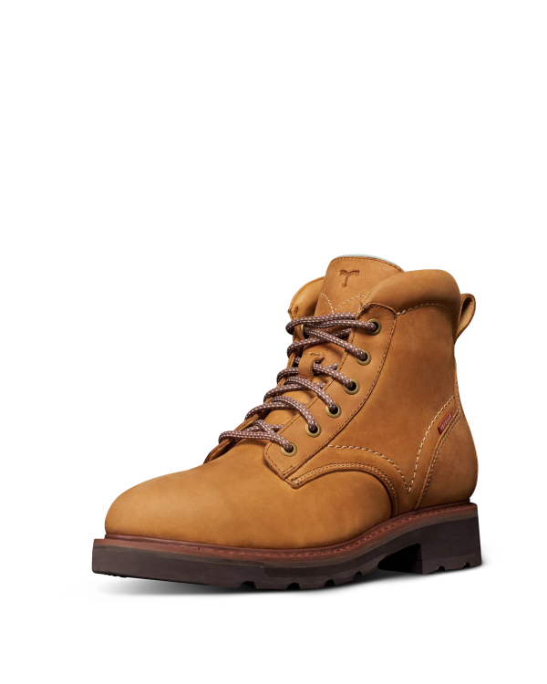Quarterfront view of LongHaul Waterproof Lace Up Composite Toe Work Boot - Light Tan on plain background