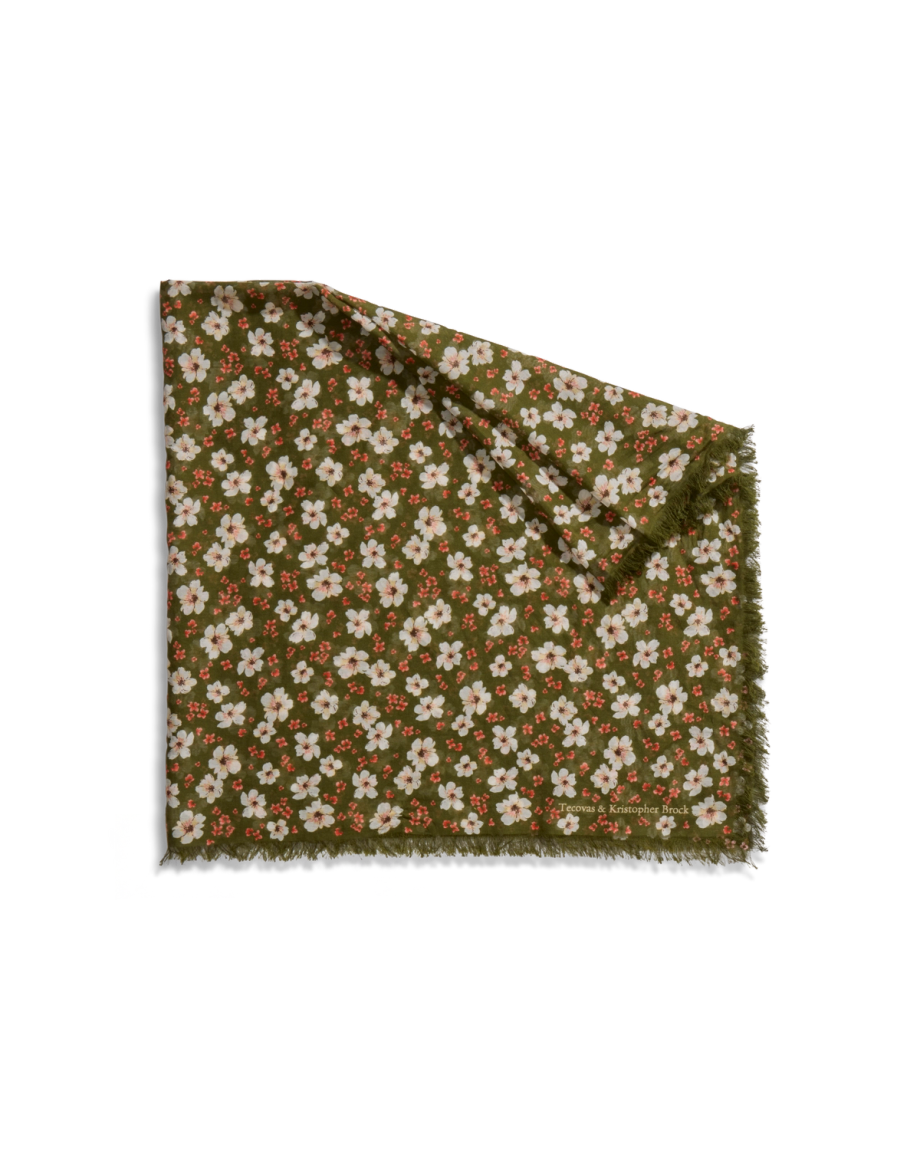 Back view of The Floral Ranch Scarf by Kristopher Brock / Olive/Beige Floral - Olive/Beige Floral on plain background