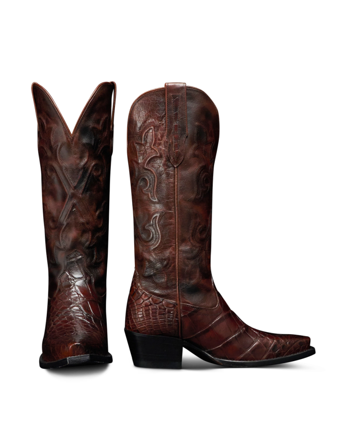 Pair view of Women's Birthday Boot X - Dark Pecan Alligator on plain background