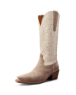 A single cowboy boot with a light beige upper, decorative stitching, and a tan suede lower section. It features a pointed toe and a wooden heel.