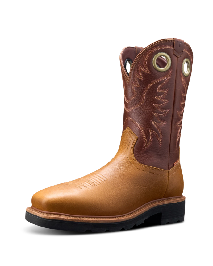 Quarterfront view of The LongHaul WP Square Comp Toe Work Boot - Wheat / Maple on plain background