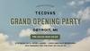 Invitation graphic for Tecovas Grand Opening Party in Detroit, MI, from Friday 10/3 to Sunday 10/5, featuring live music, beverages, and early attendee freebies. Blue sky with clouds in background.