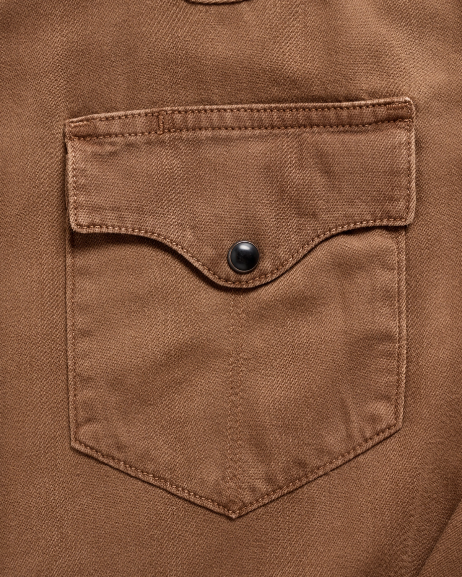 Closeup detail view of Men's Denim Pearl Snap - Tobacco