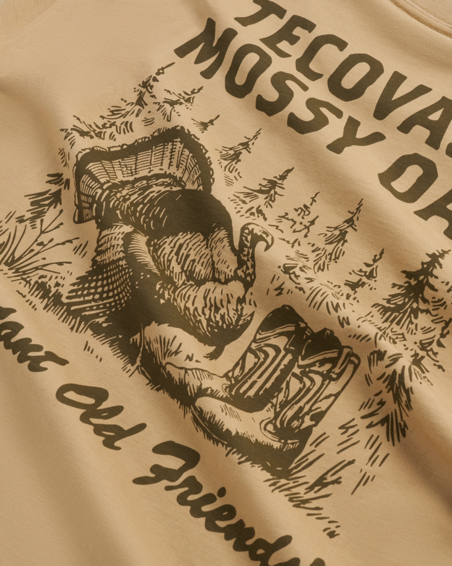 Closeup view of Men's Tecovas x Mossy Oak Turkey &amp; Boots T-Shirt - Khaki/Olive
