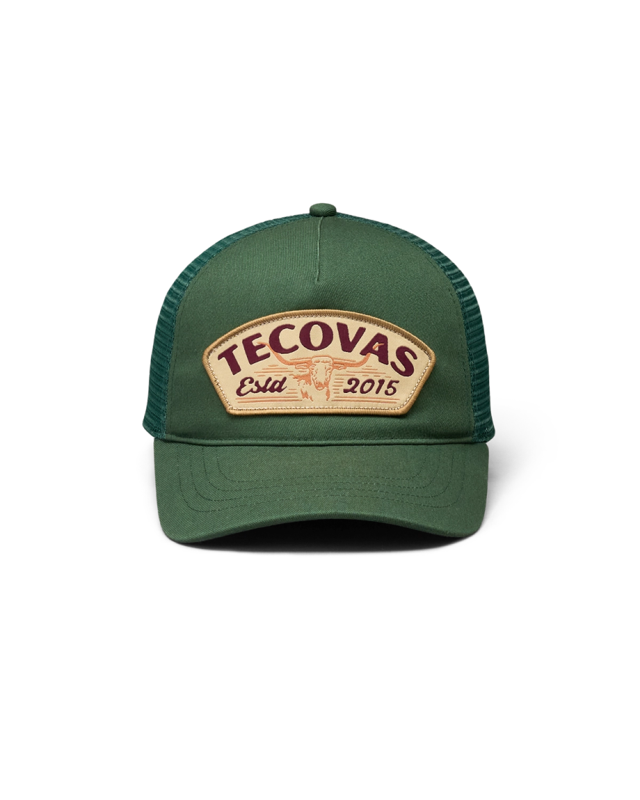 Front view of Longhorn Badge Trucker - Hunter Green on plain background