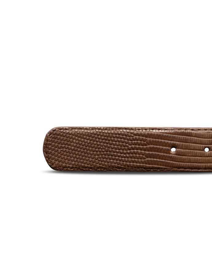 Close-up of a brown leather belt with a textured pattern and two holes for fastening.