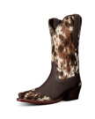 The Sadie in Hair on Hide Hair on Hide / Cowhide. A single cowboy boot with a brown leather base and a speckled Hair on Hide / Cowhide upper, featuring a pointed toe and stacked heel.