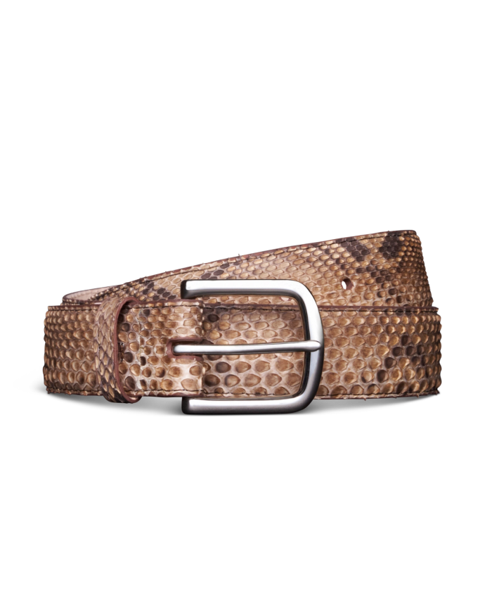 A brown snake skin patterned belt with a silver rectangular buckle, coiled neatly against a black background.