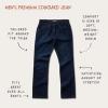 flatlay of men's premium standard jean in dark wash with callouts