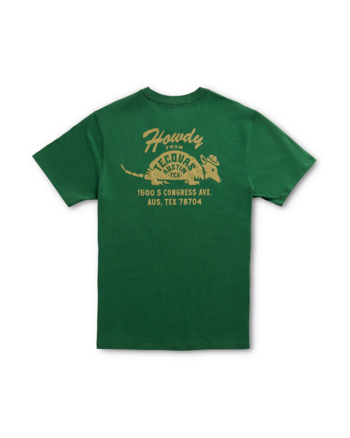 Back view of Men's Howdy Armadillo Tee - Green / Khaki on plain background