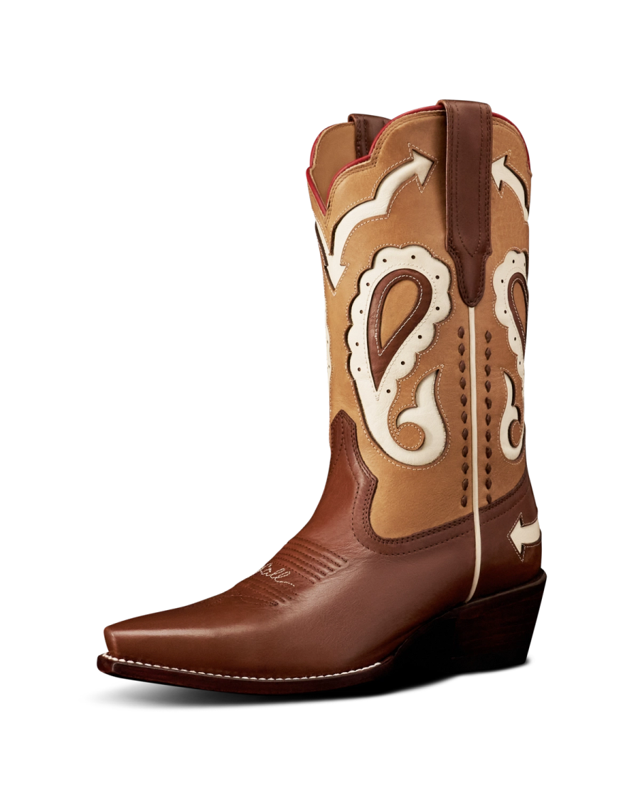 Quarterfront view of The Sadie Vintage - Brown Multi Cowhide on plain background