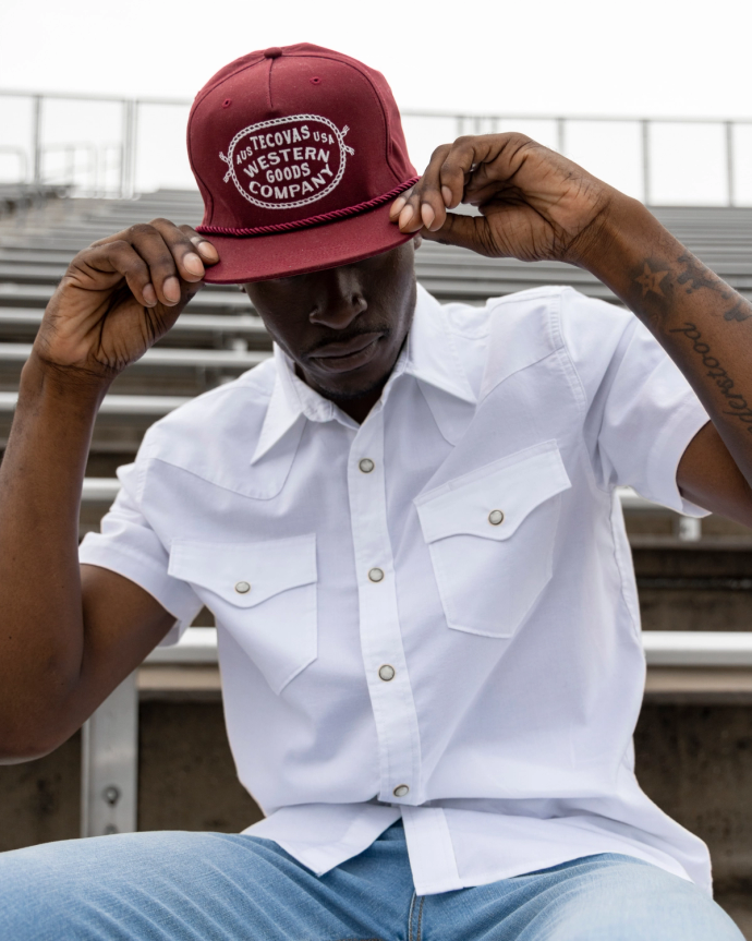 Profile view of Vintage Rope Five-Panel High Profile Trucker - Crimson on plain background